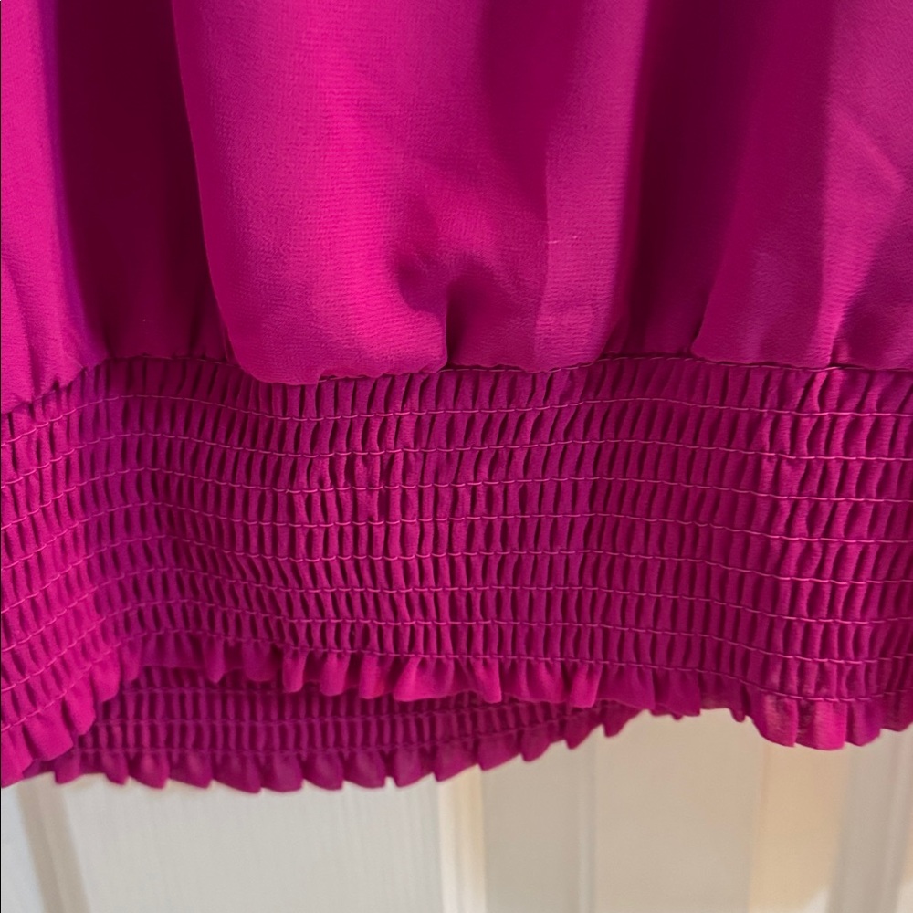 NWT 1.  STATE Magenta V-Neck Top w/ Sheer Long Puffed Sleeves & Ruched Waist - Picture 4 of 9